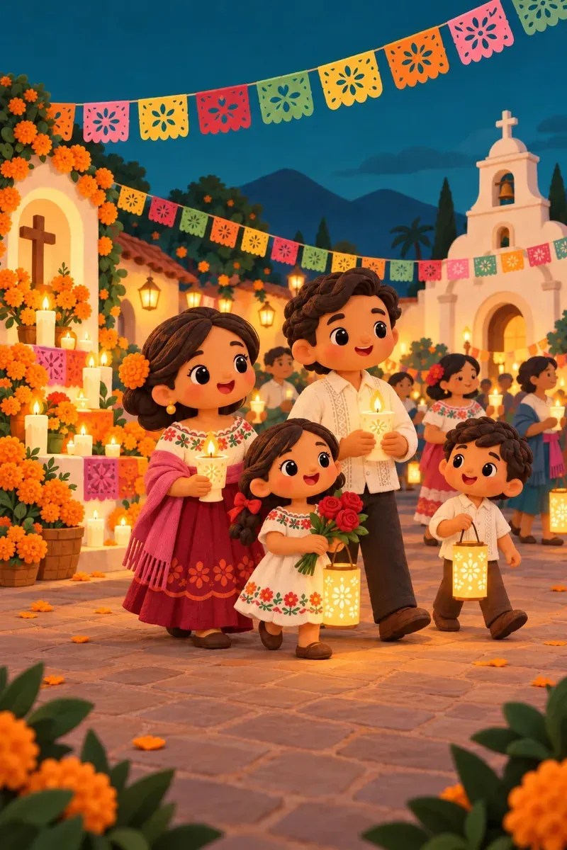 Una familia caminando con faroles en una fiesta del pueblo, bajo el papel picado