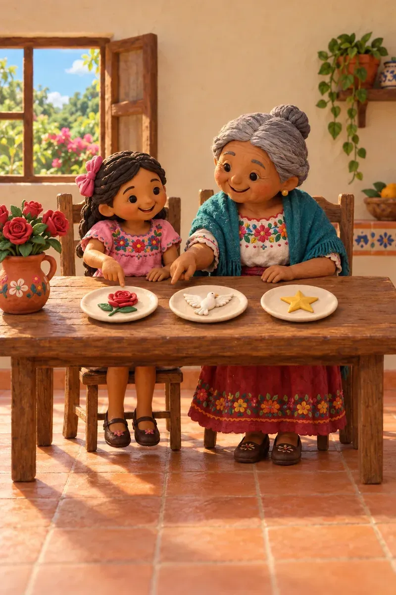 Una niña y su abuela en la mesa de la cocina, eligiendo entre tres dibujos