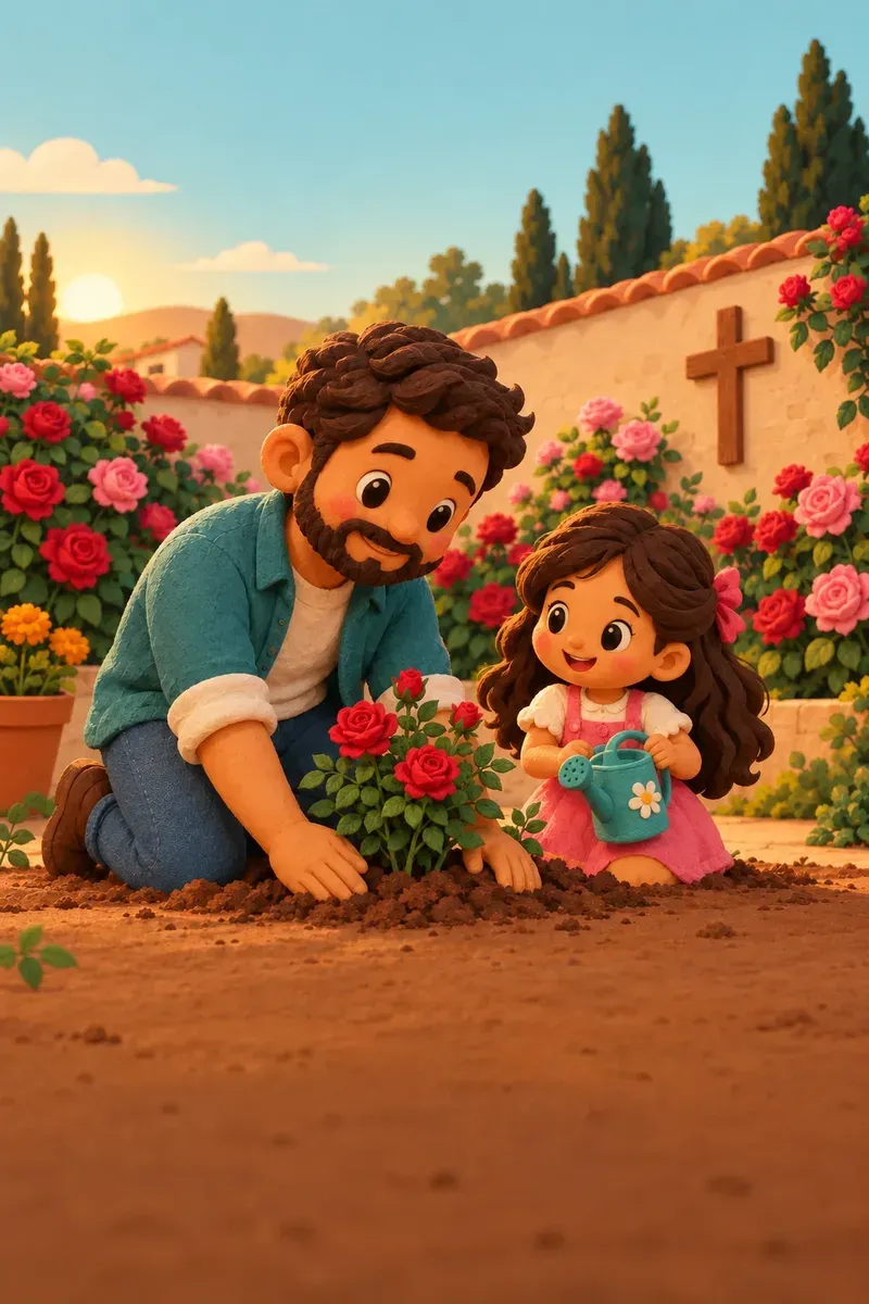 Un papá y su hija plantando un rosal junto a una barda con una cruz