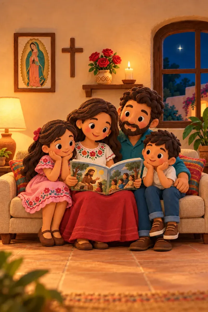 Una familia en el sillón leyendo un libro, con una imagen de la Virgen de Guadalupe en la pared