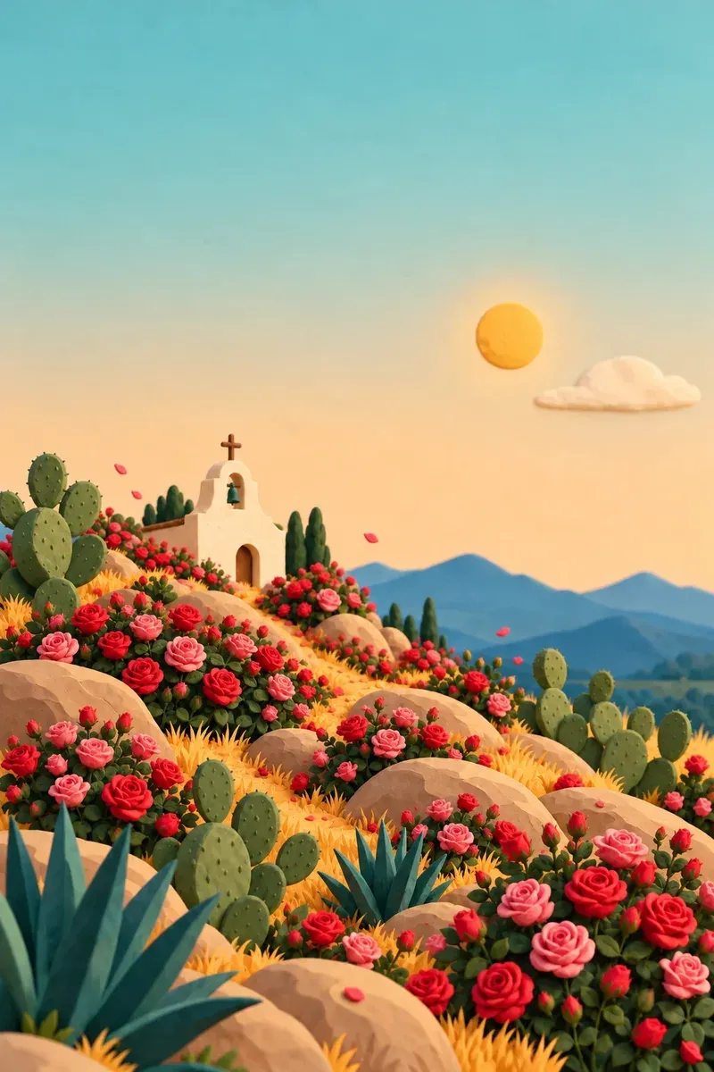 Un cerro lleno de rosas, con nopales y una capillita blanca, al atardecer